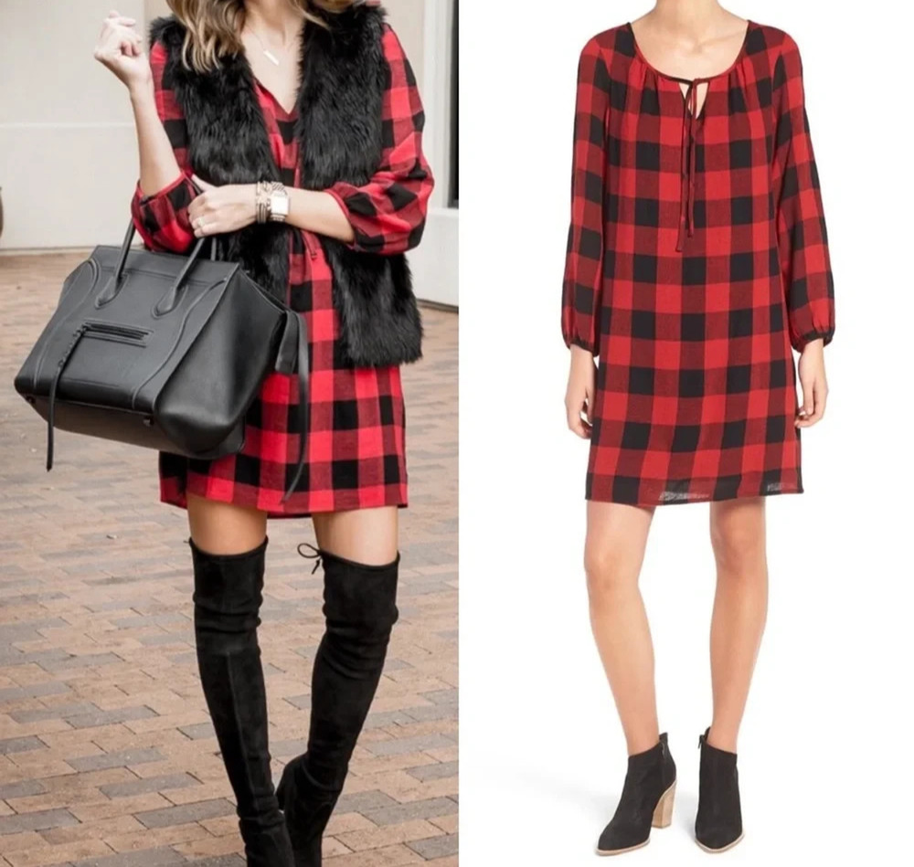 Madewell Wool Blend Tunic Dress Womens size XS Red Black Buffalo Plaid Lined